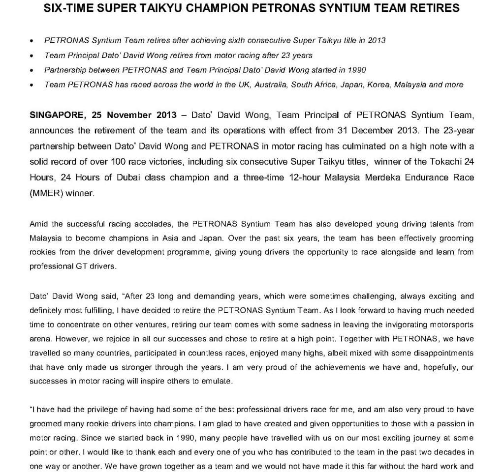 Press Release, Six-time Super Taikyu Champion PETRONAS Syntium Team Retires_1