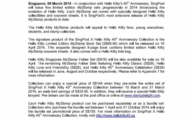 Press Release - SingPost Celebrates 40th Anniversary of Hello Kitty with Extensive Limited Edition MyStamp Releases through the Year (9 March 2014)_2 (618x800)