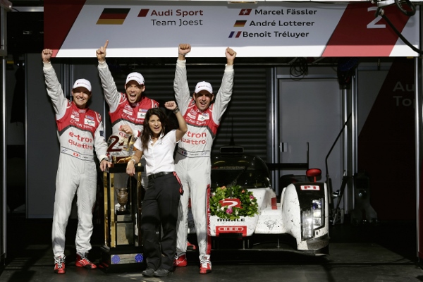 Marcel Fässler, André Lotterer, Leena Gade (Vehicle Engineer Audi R18 e-tron quattro #2), Benoît Tréluyer